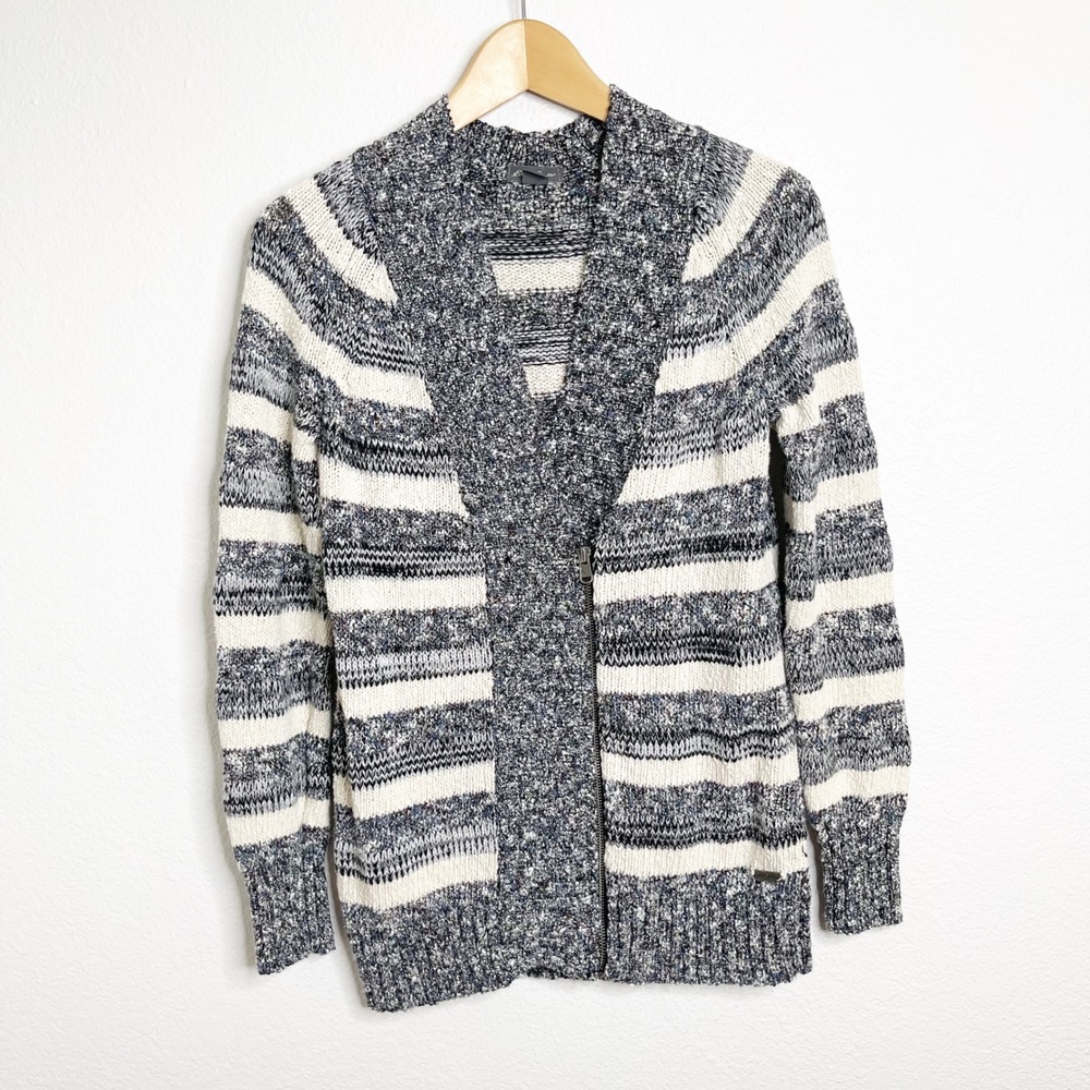 Eddie‎ Bauer Womens Navy Blue Cream Striped Asymmetrical Zip Chunky Knit Sweater